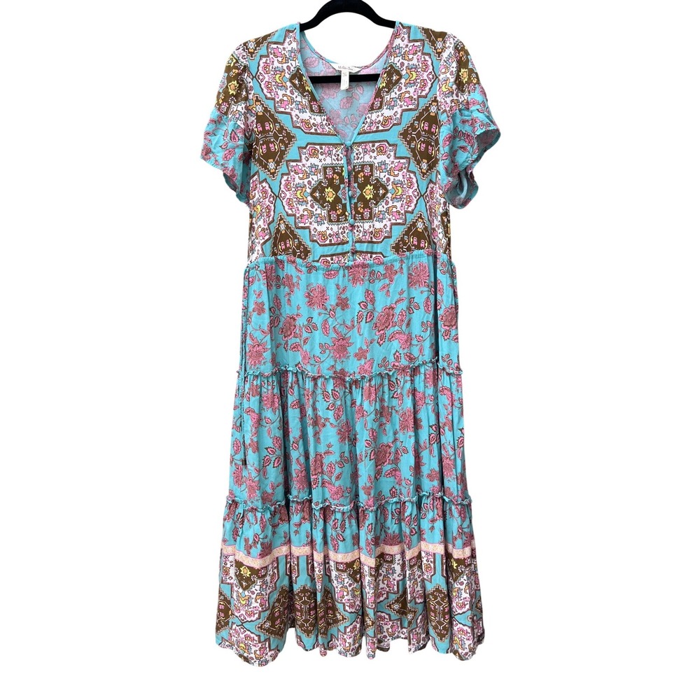 Matilda Jane Womens XS Blue Floral Geometric Tiered Boho Midi Dress Rayon V-Neck